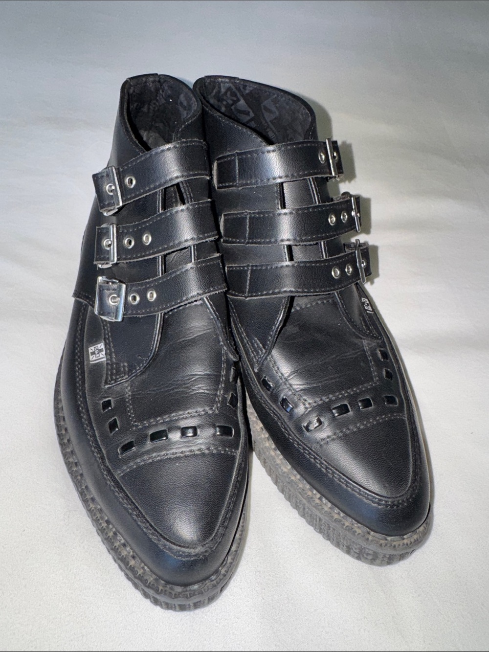 TUK BLACK POINTY ANKLE THREE BUCKLE CREEPER BOOTS VEGAN LEATHER US SIZE M 8 W 10